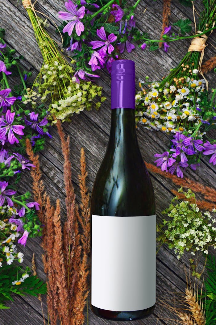A wine bottle surrounded by vibrant purple flowers and greenery on a rustic wooden surface.